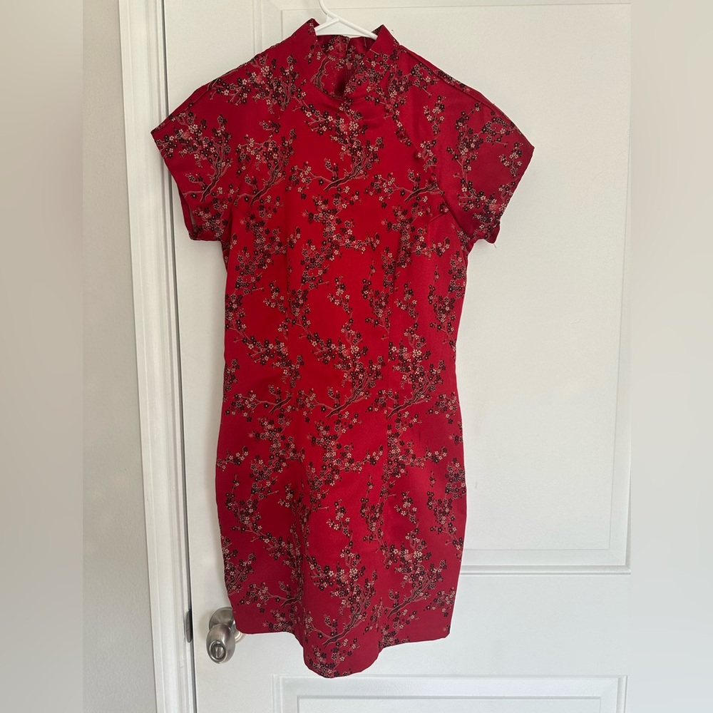 Asian inspired Red Floral Dress